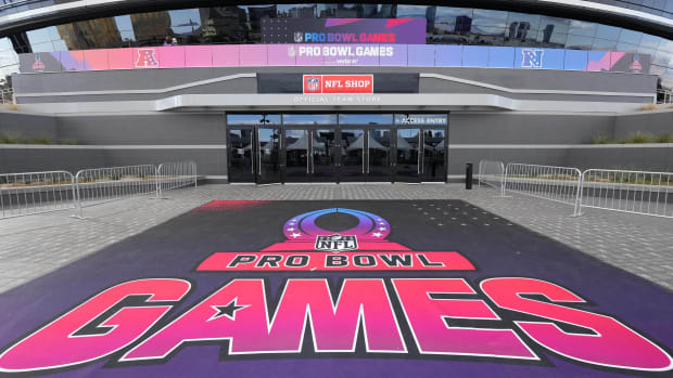 The NFL Pro Bowl Games logo on a carpet outside of Allegiant Stadium in Las Vegas.